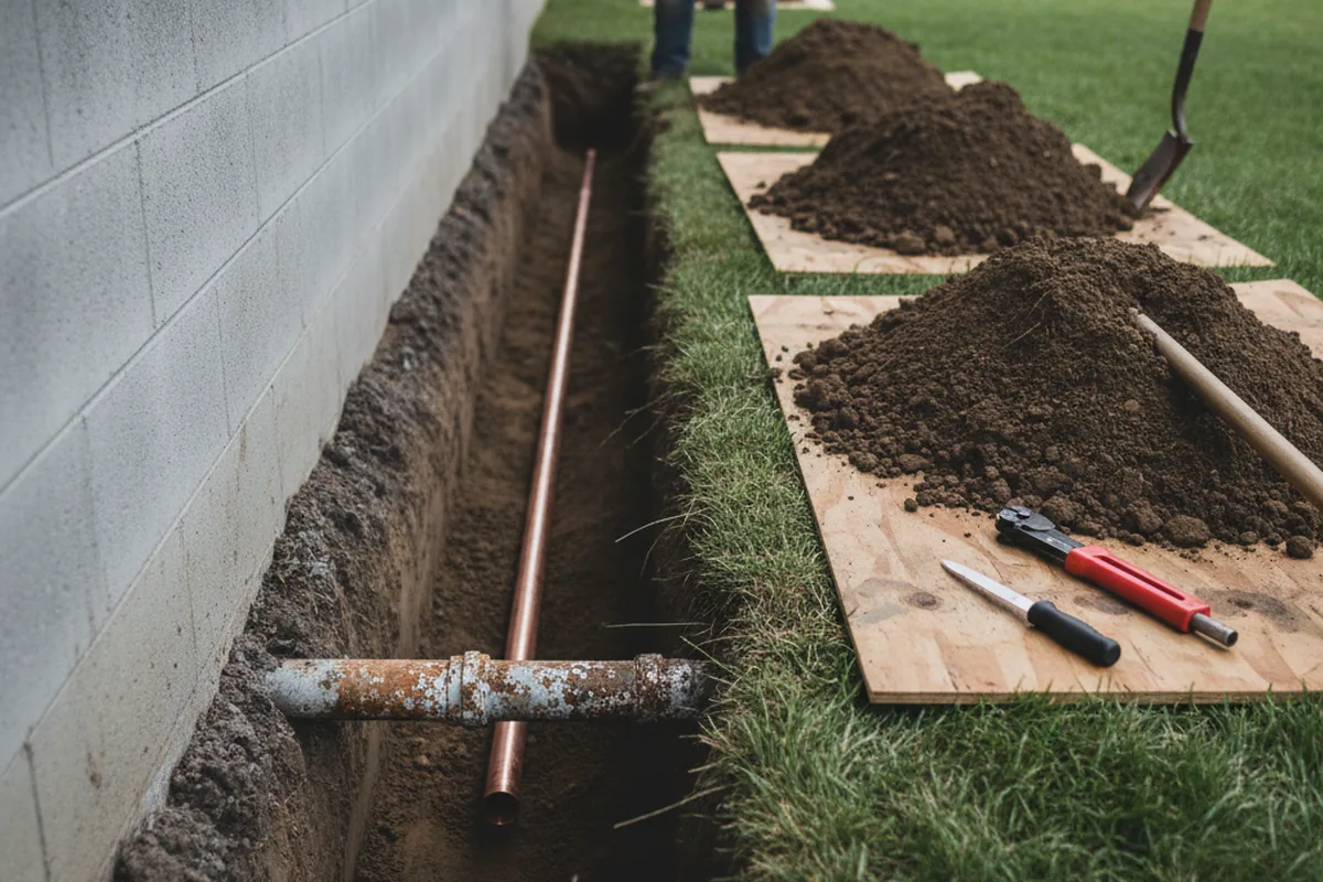 Excavated water line trench during Sewer Line Repair in Huntley
